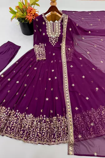 Purple georgette embroidered gown set with dupatta