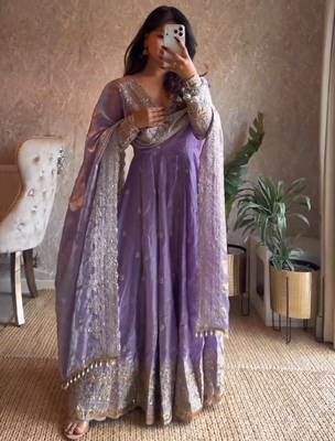 Lavender fendy silk blend embroidered gown set with dupatta 1