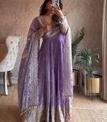 Lavender fendy silk blend embroidered gown set with dupatta