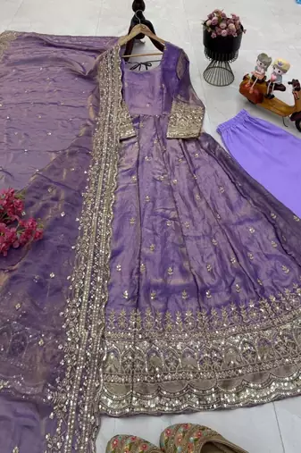Lavender fendy silk blend embroidered gown set with dupatta
