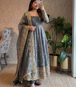 Grey fendy silk blend embroidered gown set with dupatta