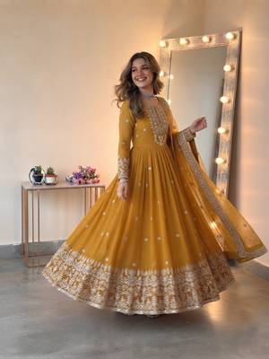 Yellow georgette embroidered gown set with dupatta 1