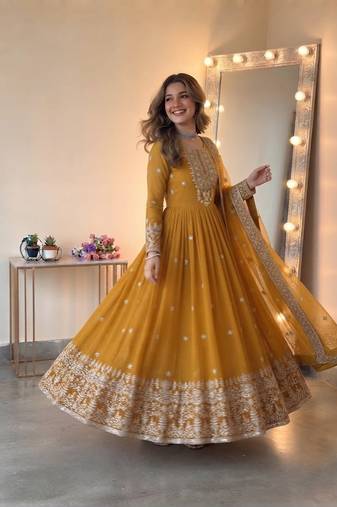 Yellow georgette embroidered gown set with dupatta