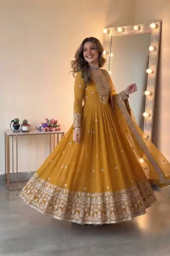 Yellow georgette embroidered gown set with dupatta