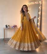 Yellow georgette embroidered gown set with dupatta