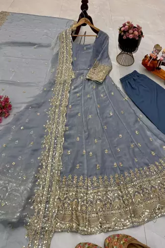 Grey fendy silk blend embroidered gown set with dupatta
