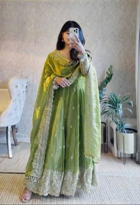 Parrot green fendy silk blend embroidered gown set with dupatta 1