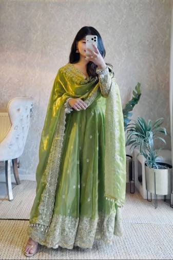 Parrot green fendy silk blend embroidered gown set with dupatta