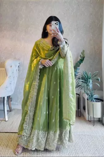 Parrot green fendy silk blend embroidered gown set with dupatta