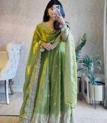 Parrot green fendy silk blend embroidered gown set with dupatta