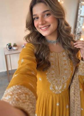 Yellow georgette embroidered gown set with dupatta 2