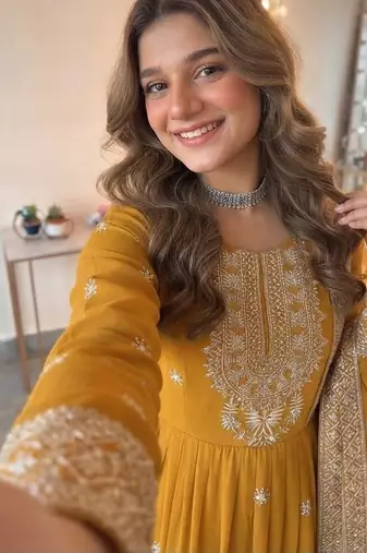 Yellow georgette embroidered gown set with dupatta