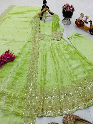 Parrot green fendy silk blend embroidered gown set with dupatta 2