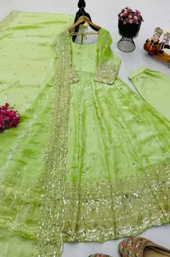 Parrot green fendy silk blend embroidered gown set with dupatta