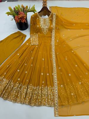 Yellow georgette embroidered gown set with dupatta 3
