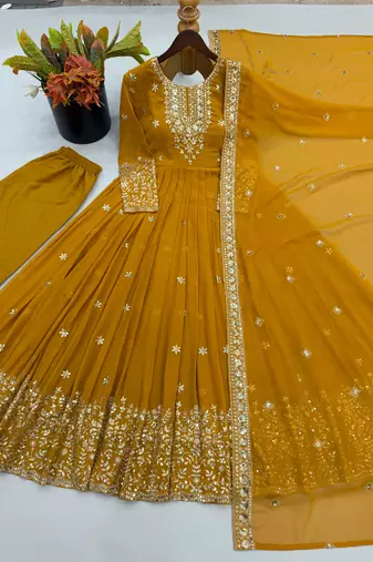 Yellow georgette embroidered gown set with dupatta