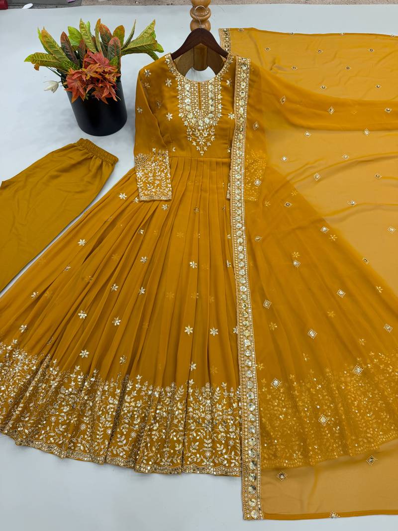 Yellow georgette embroidered gown set with dupatta