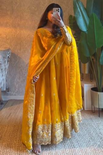 Yellow fendy silk blend embroidered gown set with dupatta