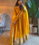 Yellow fendy silk blend embroidered gown set with dupatta