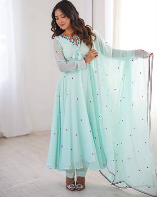 Mint green heavy faux georgette embroidered anarkali suit set 1