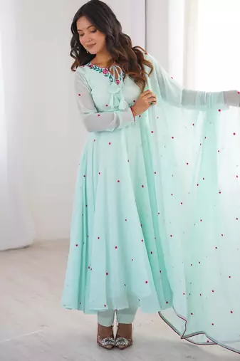 Mint green heavy faux georgette embroidered anarkali suit set