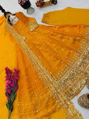 Yellow fendy silk blend embroidered gown set with dupatta 2