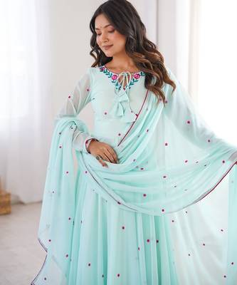 Mint green heavy faux georgette embroidered anarkali suit set 2