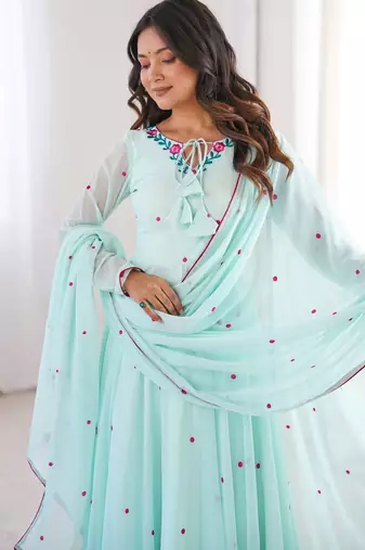 Mint green heavy faux georgette embroidered anarkali suit set