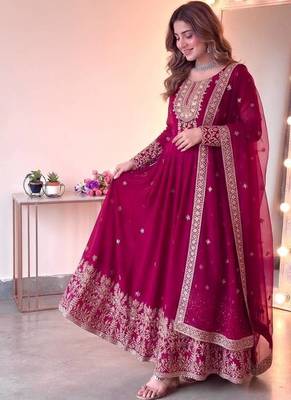 Rani pink georgette embroidered gown set with dupatta 1