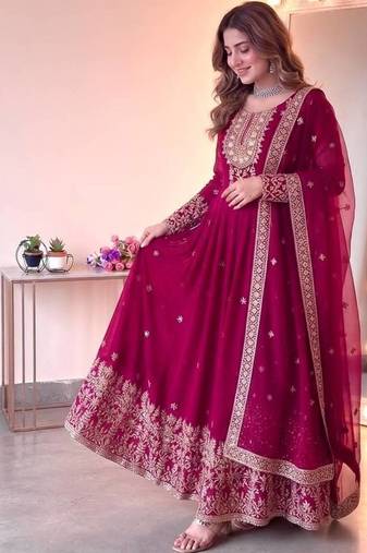Rani pink georgette embroidered gown set with dupatta