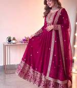 Rani pink georgette embroidered gown set with dupatta