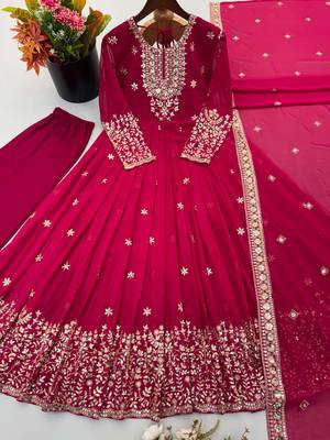 Rani pink georgette embroidered gown set with dupatta 2
