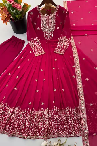 Rani pink georgette embroidered gown set with dupatta