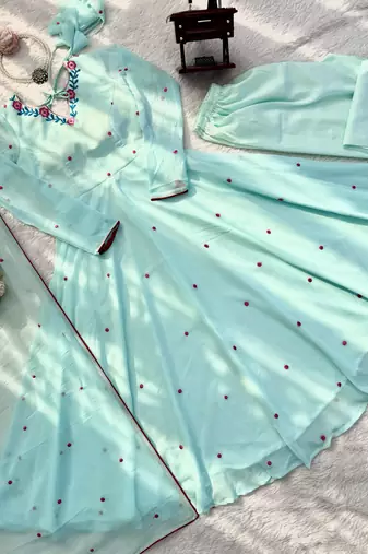 Mint green heavy faux georgette embroidered anarkali suit set