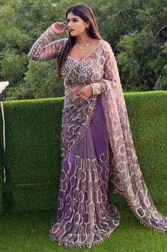 Purple  Color Sequins And Embroidery work  Net