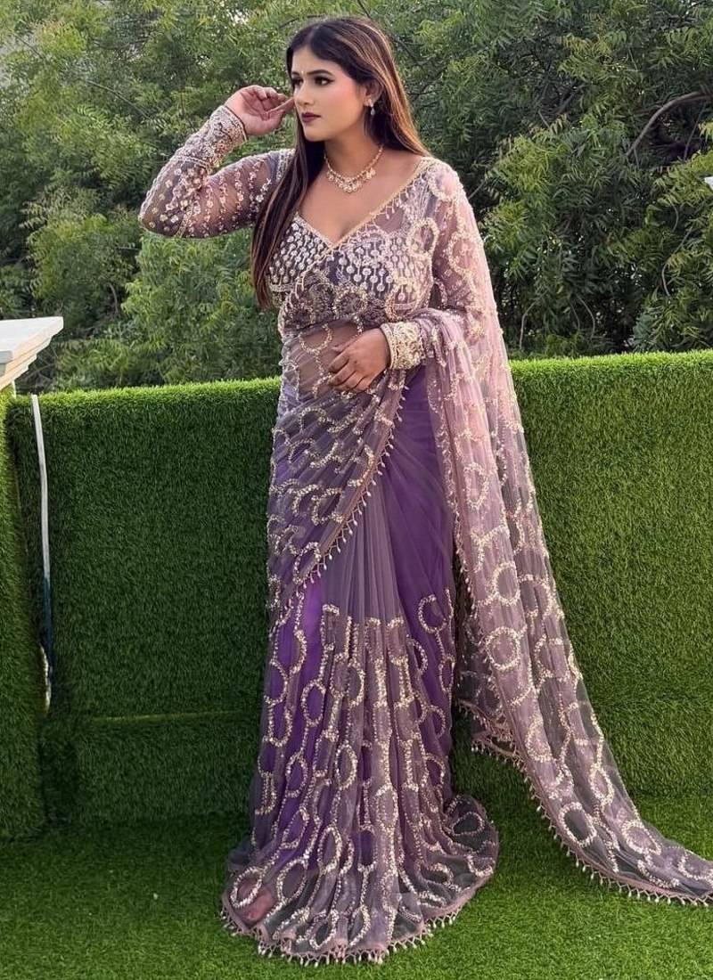 Purple  Color Sequins And Embroidery work  Net