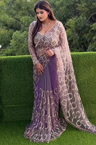 Purple  Color Sequins And Embroidery work  Net