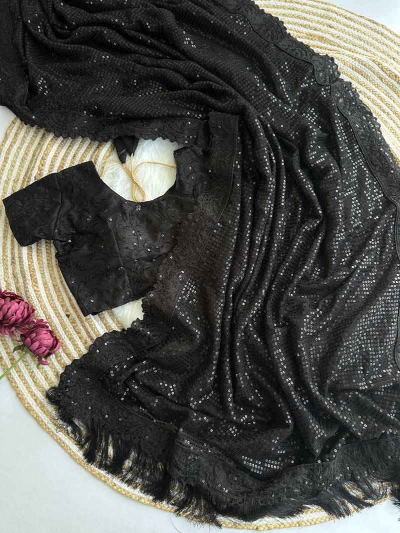 black party wear georgette saree with sequin embroidery work	