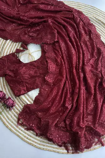 maroon party wear georgette saree with sequin embroidery work
