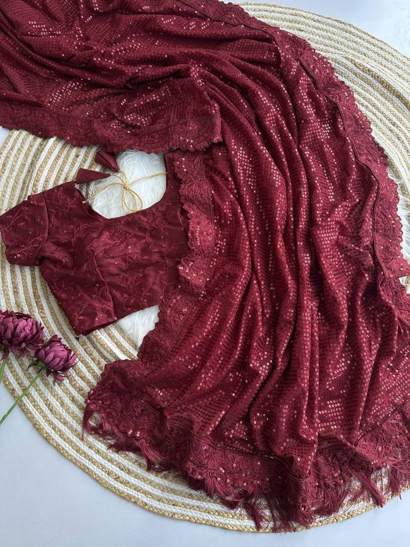 maroon party wear georgette saree with sequin embroidery work