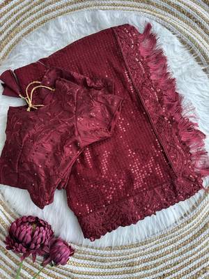 maroon party wear georgette saree with sequin embroidery work 5