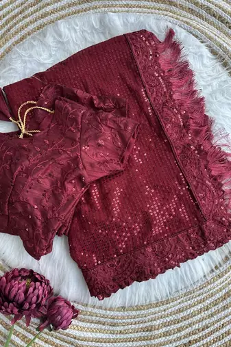 maroon party wear georgette saree with sequin embroidery work