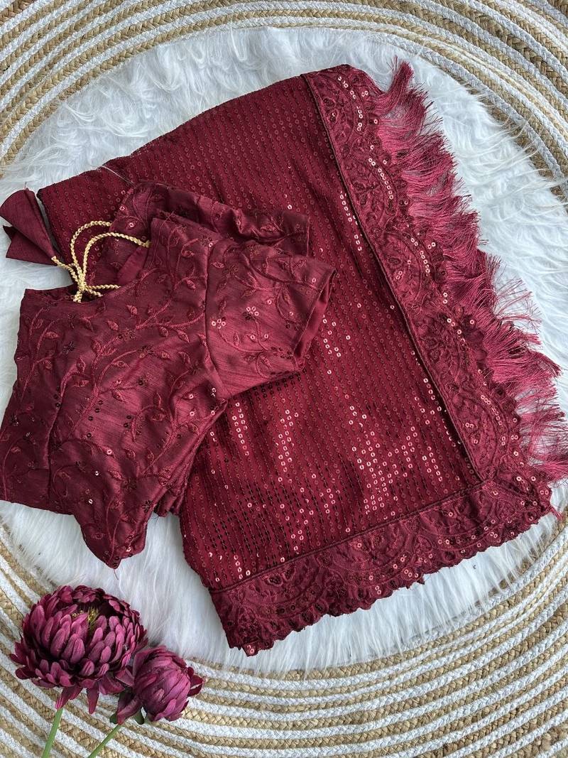 maroon party wear georgette saree with sequin embroidery work
