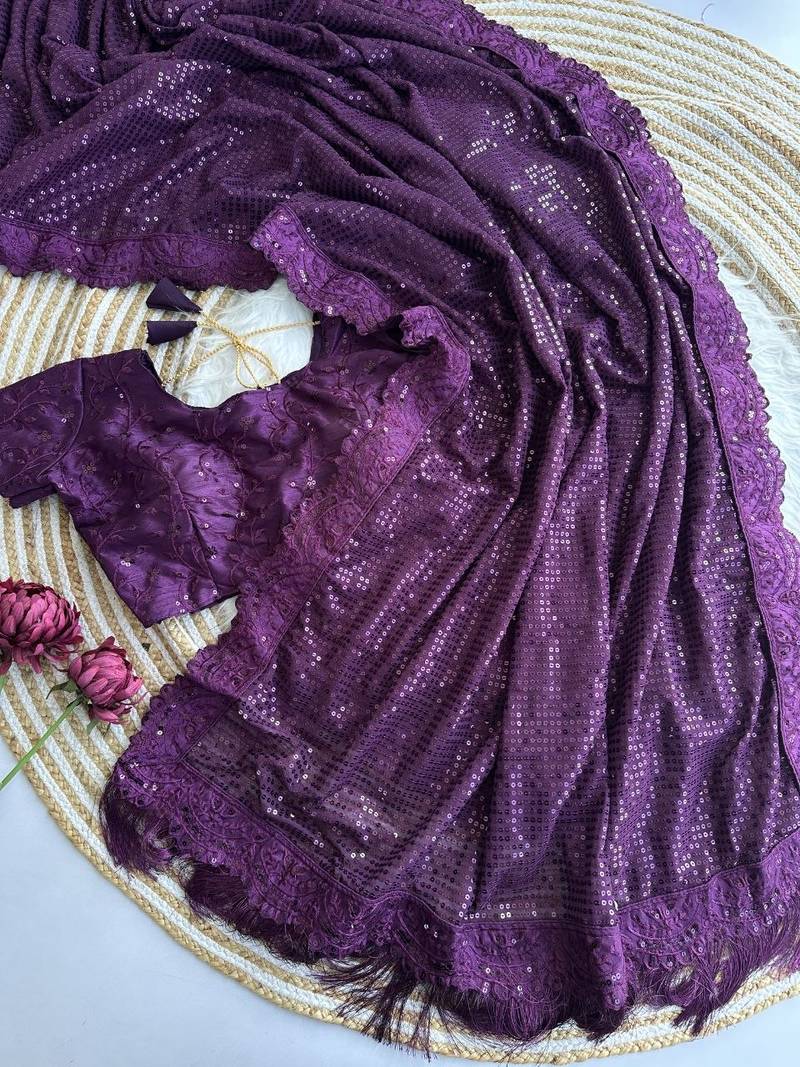 wine party wear georgette saree with sequin embroidery work