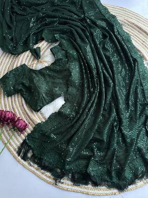 green party wear georgette saree with sequin embroidery work         4