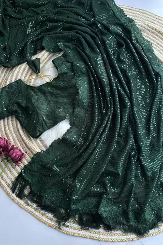 green party wear georgette saree with sequin embroidery work        