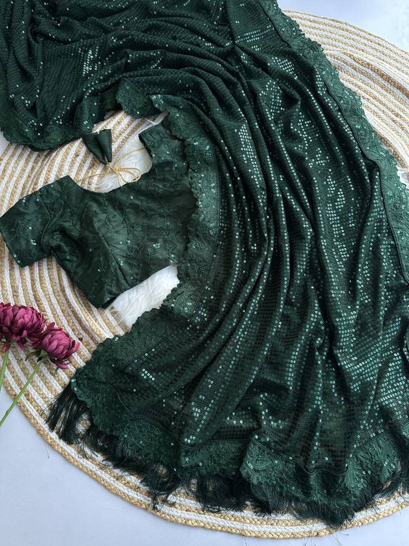 green party wear georgette saree with sequin embroidery work        