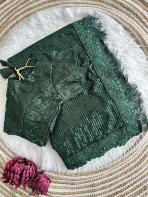 green party wear georgette saree with sequin embroidery work         5