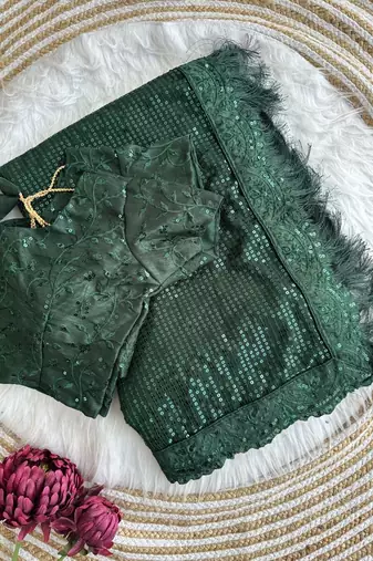 green party wear georgette saree with sequin embroidery work        