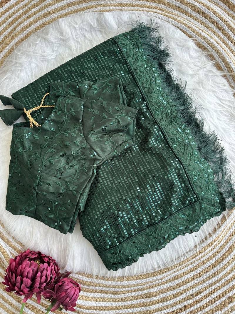 green party wear georgette saree with sequin embroidery work        